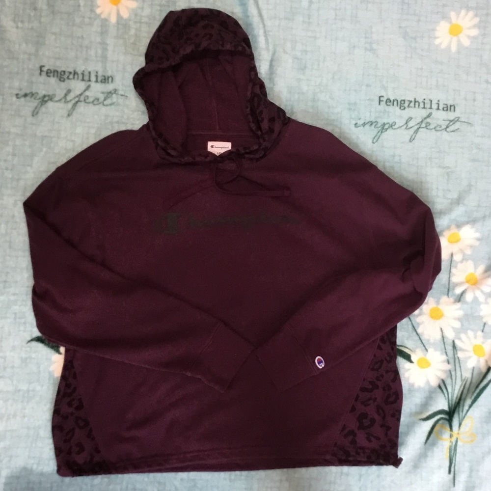 Champion Maroon Pullover Hoodie with Leopard Accent